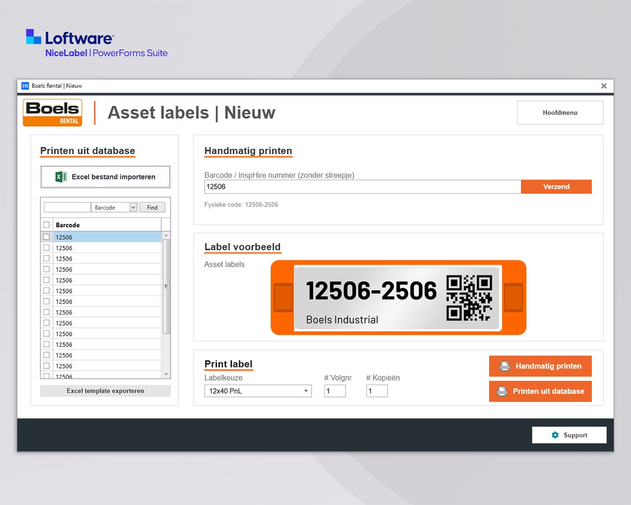 PowerForms printscherm voor nieuwe asset labels met barcode, QR-code en handmatige invoer